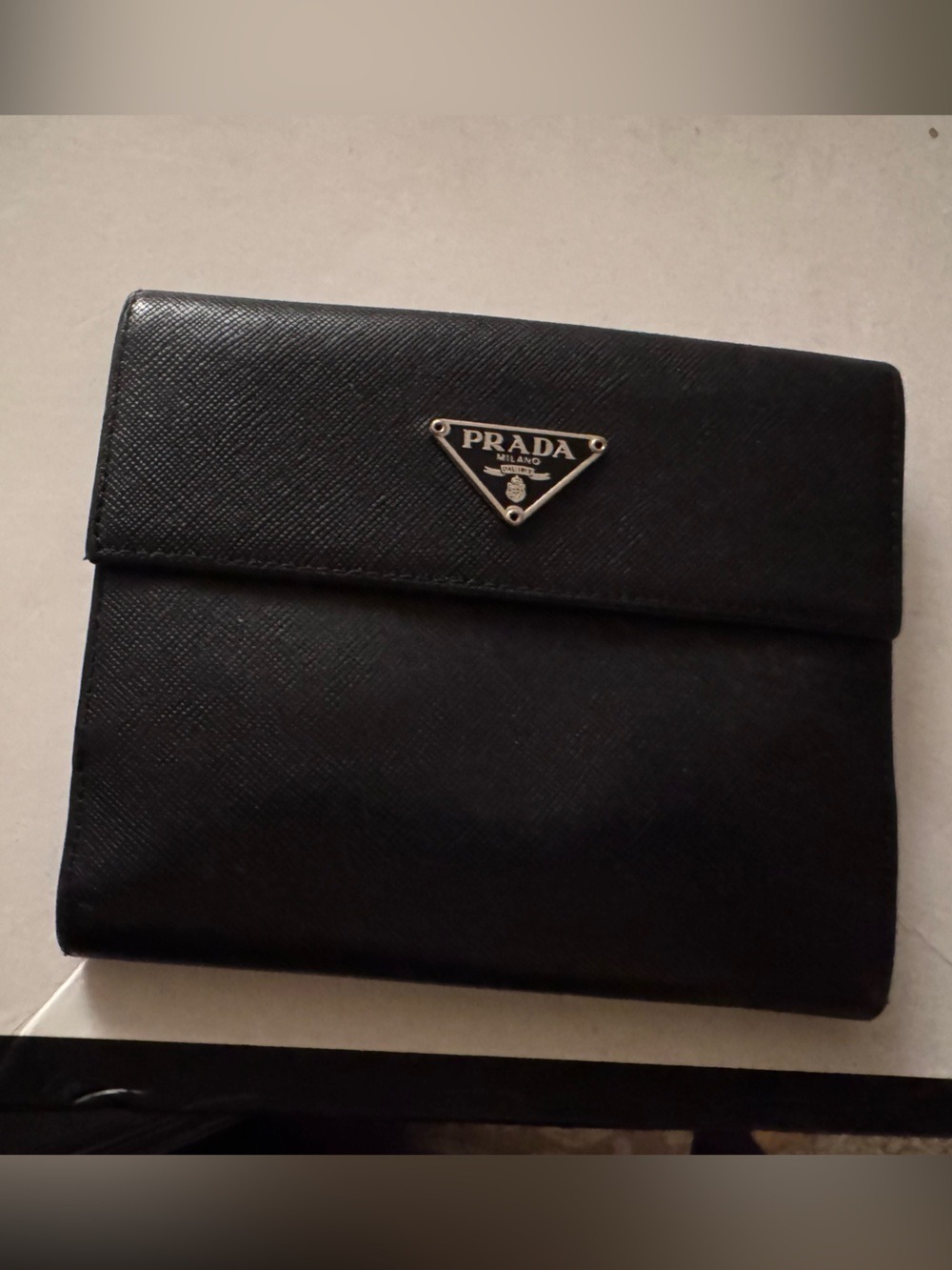 Prada Black Saffiano Leather Card Holder with Triangular Logo